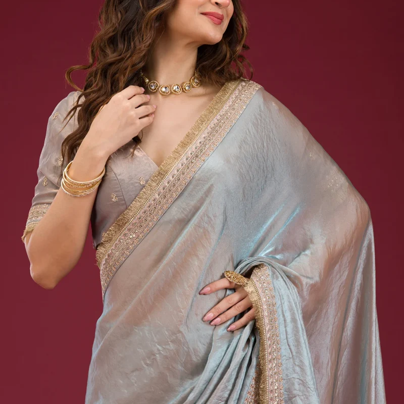 Onion Pink Threadwork Tissue Saree