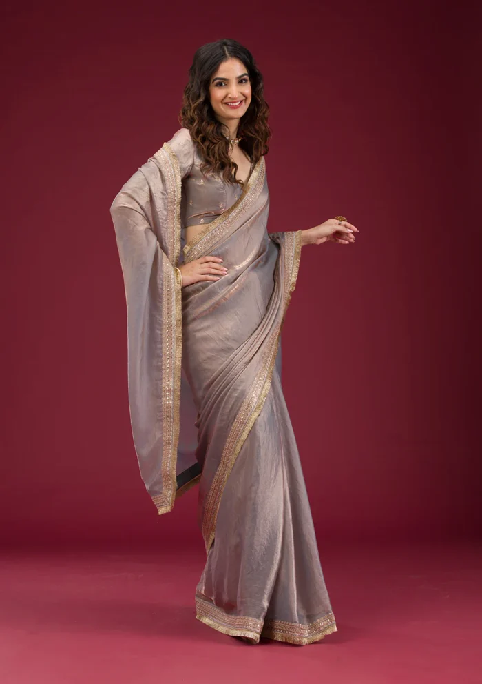 Onion Pink Threadwork Tissue Saree - Image 2