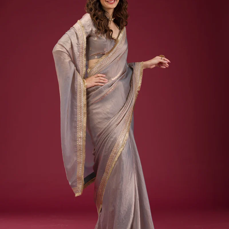 Onion Pink Threadwork Tissue Saree